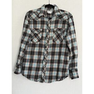 Wrangler Long Sleeve Shirt Men M Teal Plaid Flannel Pearl Snap Western Cowboy